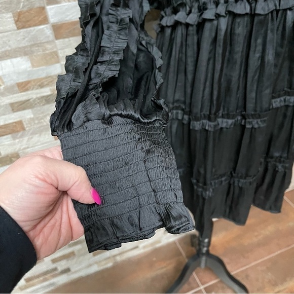 𝅺OPT ONE PRETTY TIME Tianna Mini Dress XL Black Pleated Ruffle Tiered Silky - Picture 8 of 16
